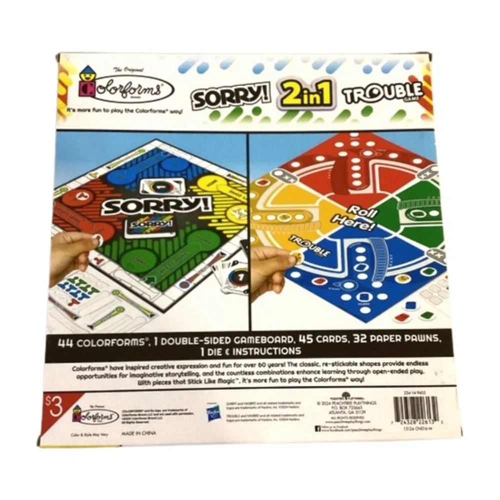 Hasbro 2-in-1 Sorry! and Trouble Game Colorforms 2-in-1 Travel Games Pieces -NEW